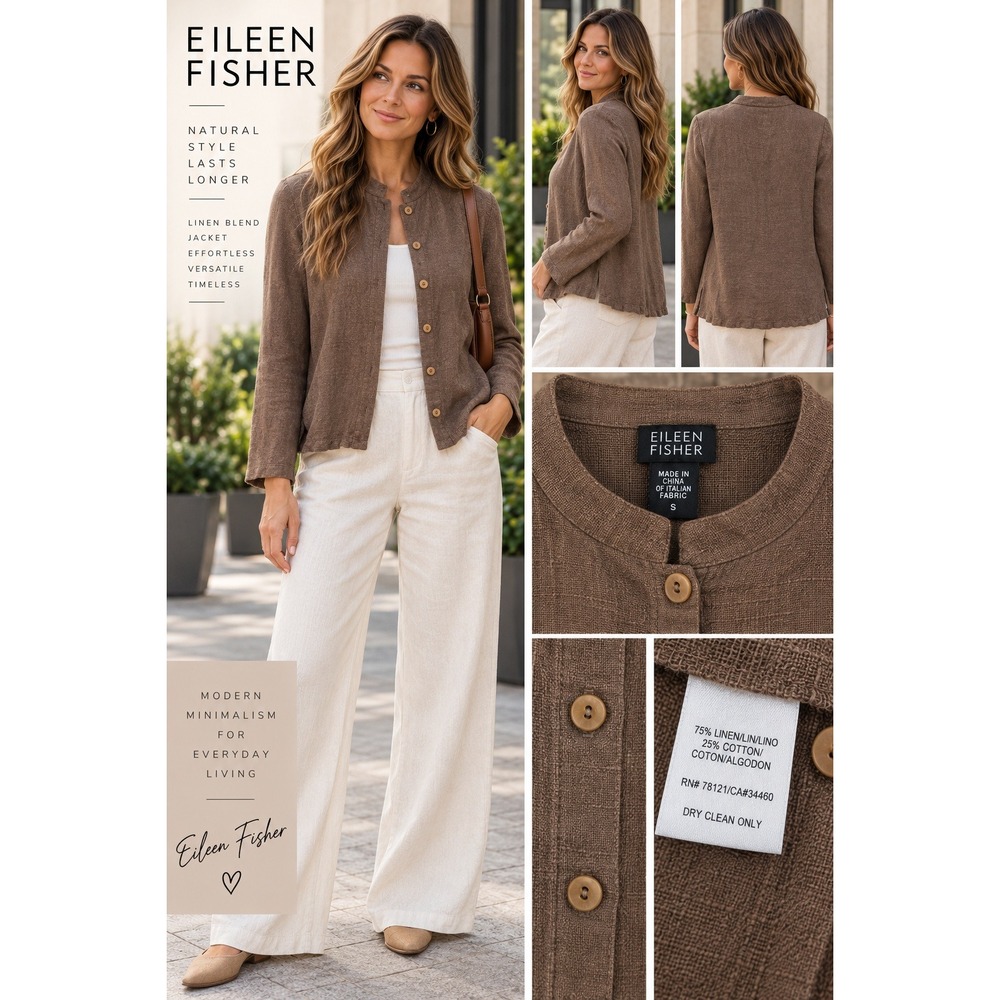 Eileen Fisher Linen Cotton Jacket S Brown Button Front Minimalist Lagenlook